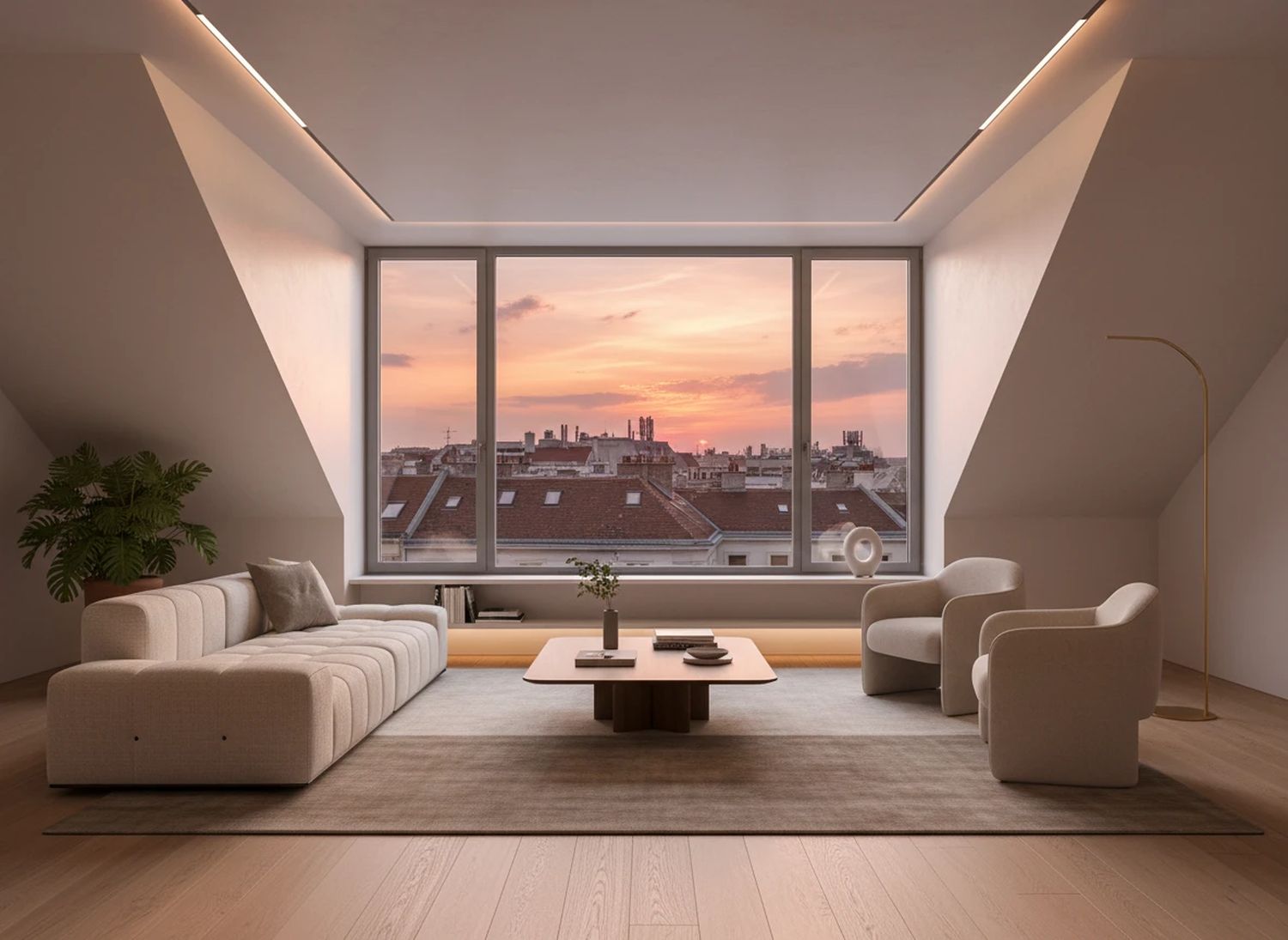 Dachgeschoß-Wohnraum mit Blick über die Dächer Wiens