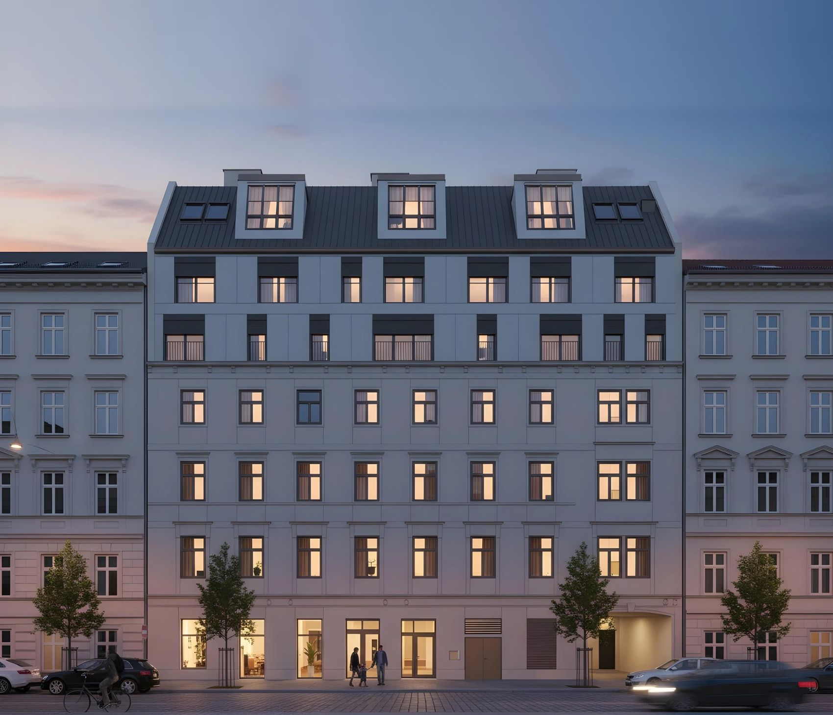 Ansicht des Gründerzeithauses in der Abenddämmerung