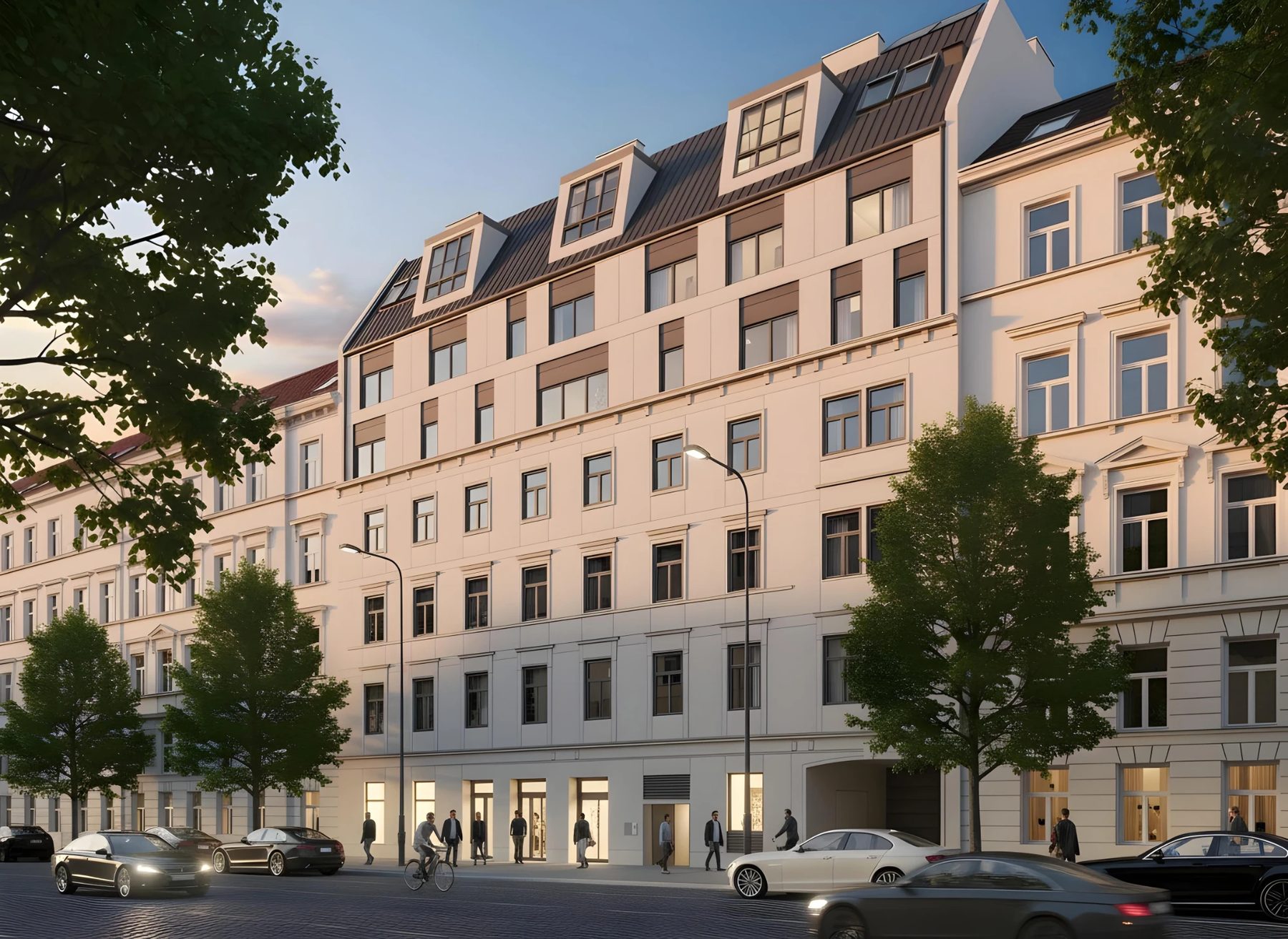 Ansicht der Löwengasse 40 im Abendlicht