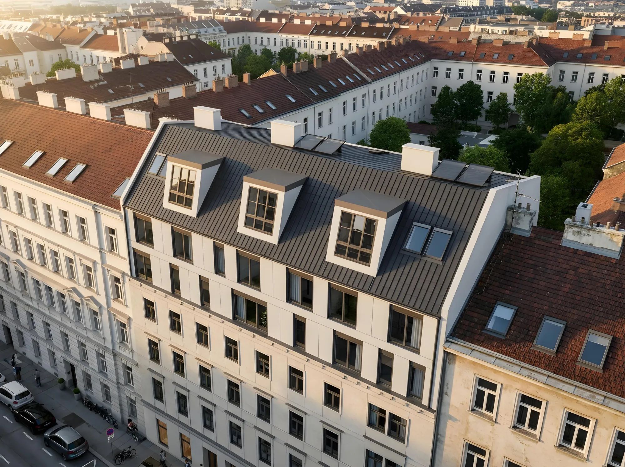 Luftansicht über die Dächer der Landstraße